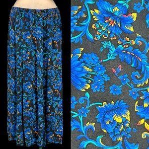 VINTAGE 80s bold dark moody floral scroll long maxi skirt elastic pull on‎ waist